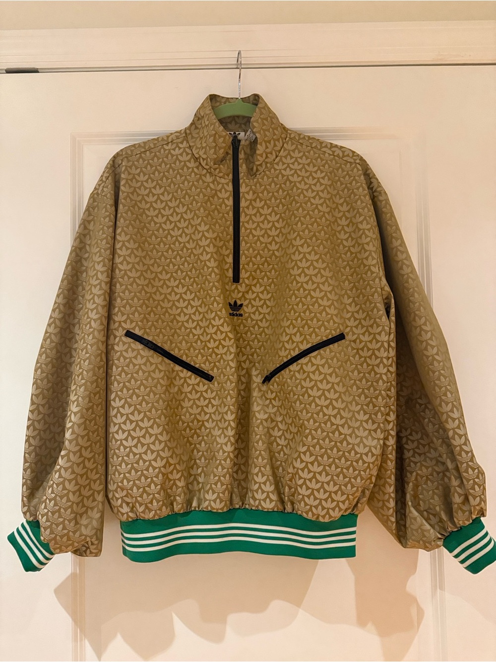 adidas Tan Patterned Bomber Pullover with Green Stripe Cuffs - Picture 2 of 4